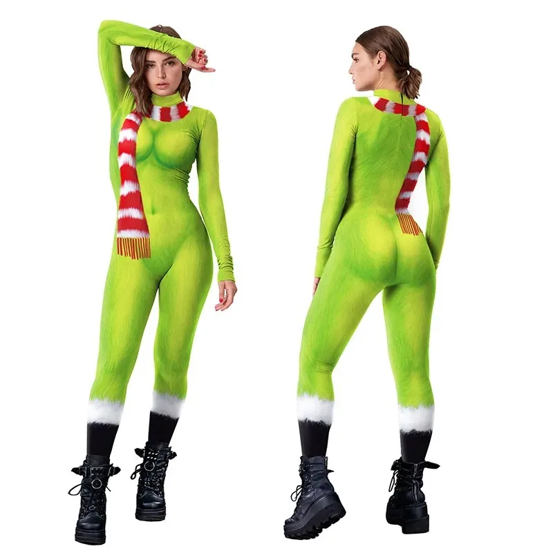 

Anime Green Jumpsuit Christmas Cosplay Costume Adult Zentai 3D Printing Bodysuits Holiday Catsuit Festival Outfit Fancy Dress