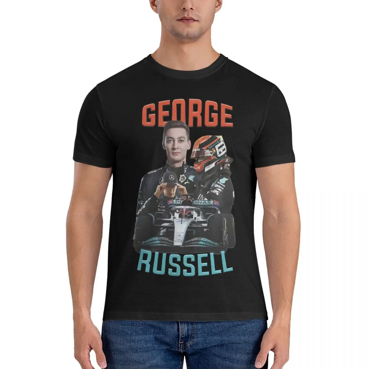 George Russell T-Shirts Men F1 Vintage Pure Cotton Tee Shirt Crew Neck Short Sleeve T Shirts Adult Clothing