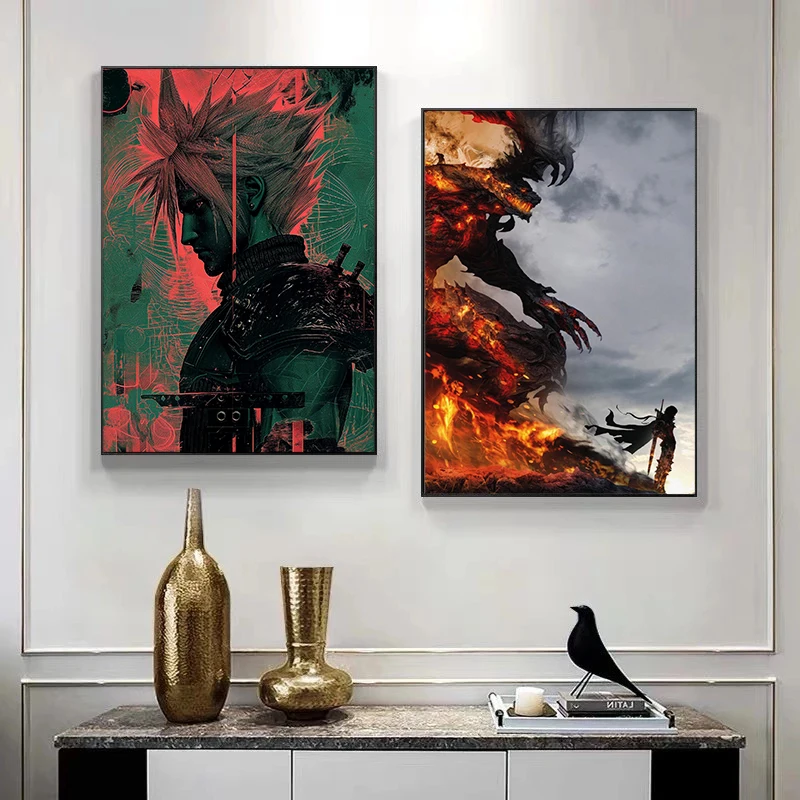 الرجعية نمط الحد الأدنى لعبة فيديو فاينل فانتسي أنيمي التوضيح المشارك حائط لوح رسم الفن صور ديكور المنزل