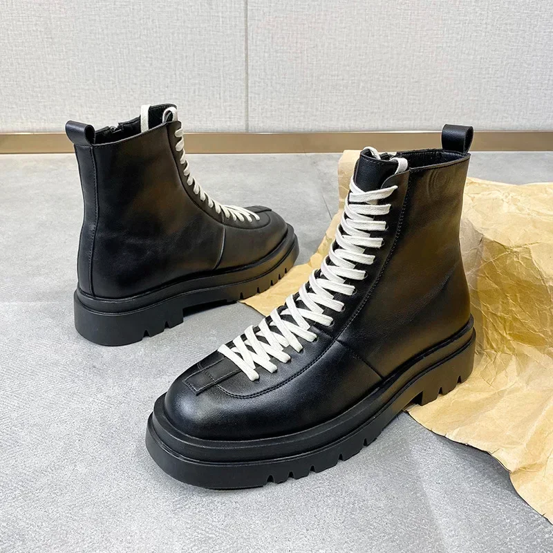 Autumn and Winter Men's Short Boots 2026 New High Top British Fashion Shoes Large Work Dress Leather Boots for Men Moto Shoes