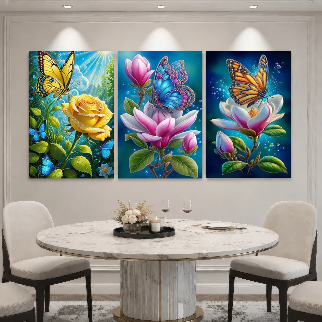 2D Flat, 3pcs 2D Flat Botanical Wall Art Prints - Whimsical Butterfly, Rose & Magnolia Suitable for Living Room,, Frameless P