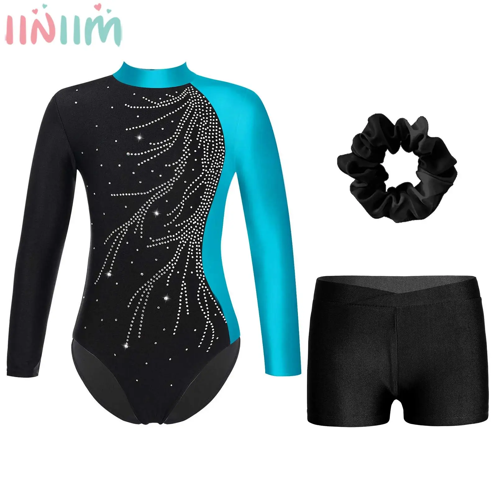 Kids Girls Ballet Dance Gymnastic Skating Acrobatics Yoga Sports Set Shiny Rhinestone Leotard with Shorts Dancewear Swimwear