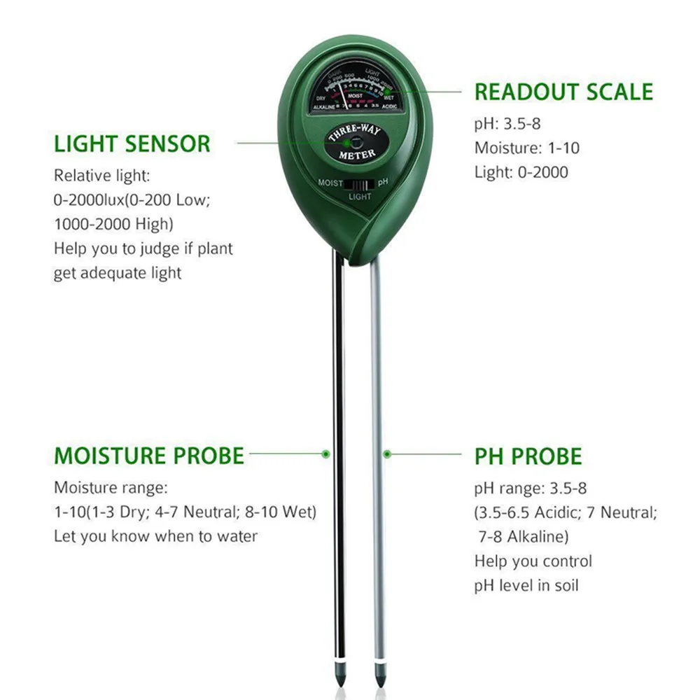 3 in 1 Soil Moisture Meter Light Intensity Meter PH Meter For indoor and outdoor soil pH testing on garden lawn farms