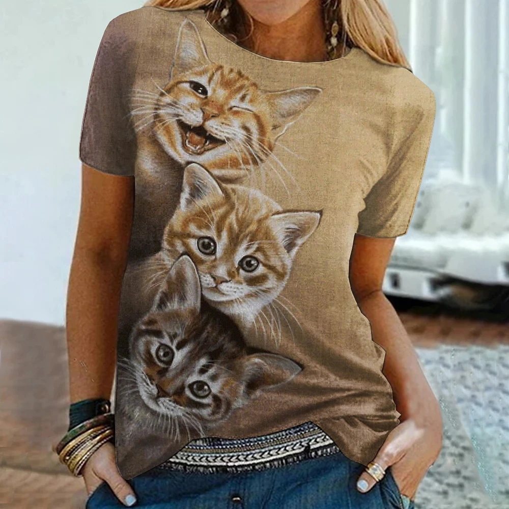 T-shirt da donna estive 3D Cute Cat Fashion Print Harajuku t-shirt manica corta Casual Kawaii Girls Tee abbigliamento Unisex oversize