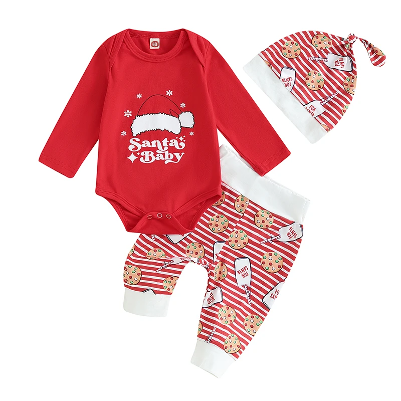 Baby Christmas Outfit Long Sleeve Romper Cookie Print Pants Hat Set Infant Clothes