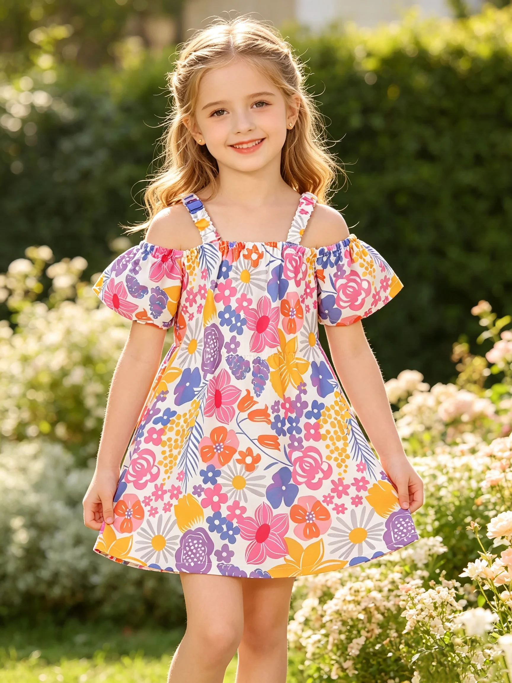 Children's Floral Print Off-Shoulder Suspender Dress Fashionable Casual Elegant Mid-Length Skirt for Girls