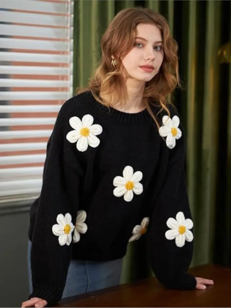 

Winter Clothes Woman Pulls Femmes Loose Solid Color All-match Sweater Casual Simple Style Commuting Trendy Flowers Fashion Hot