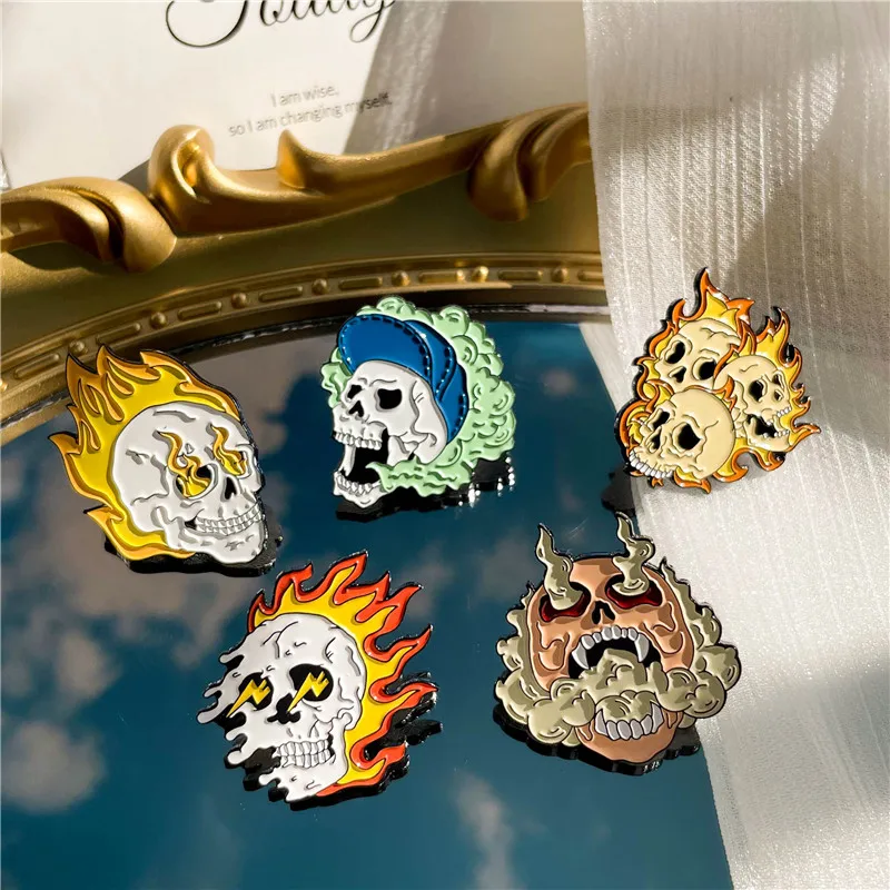 Punk Flame Skull Enamel Brooch Fire Skeleton Ghost Head Collar Badge Backpack Buckle Halloween Accessories Gift Jewelry