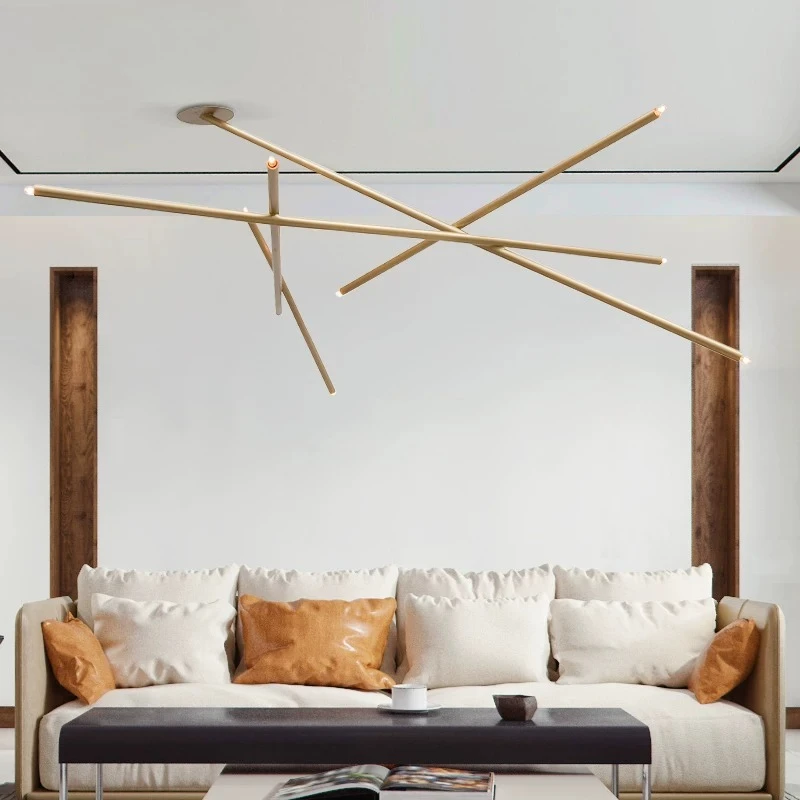 Modern 8 Light Gold Linear LED Chandelier Abstract Intersecting Rod Ceiling Light Fixture for Living Room Dining Room Bedroom