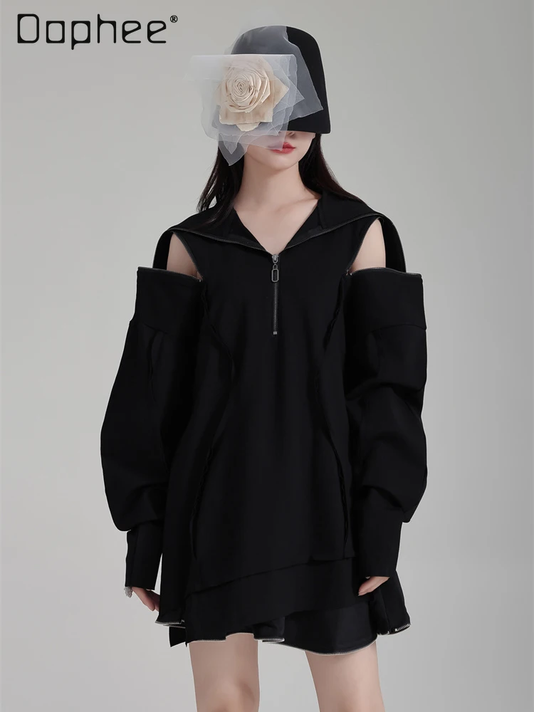 

Korean Chic Fashion Hollow Off-the-shoulder Long-sleeved Zipper Hoodies Women Spring Autumn Dark Street Personality Loose Hoodie