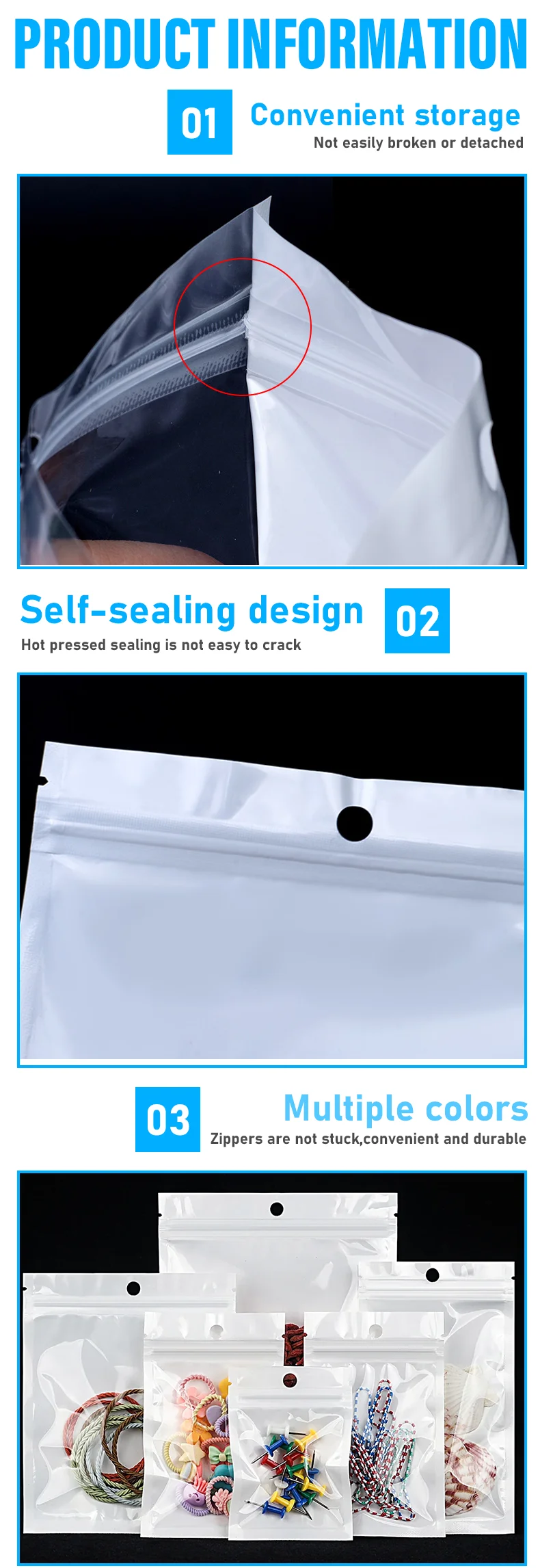 100 weiße Perlenfolien-Ziplock-Beutel, kleine, durchsichtige Verpackungsbeutel für digitale Accessoires, mit individuell bedrucktem Logo – Detail 3