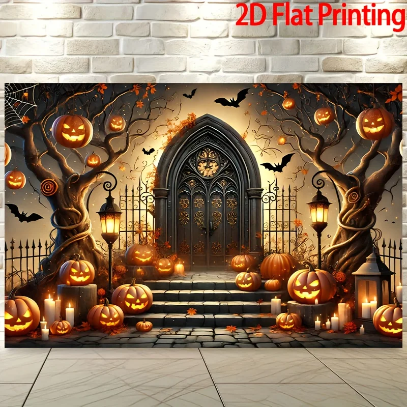 2D-Flachbanner, 1 erschreckender Halloween-Hintergrund – Kürbis, Laterne und Gothic-Türdesign, Wanddekoration aus Polyesterfaser