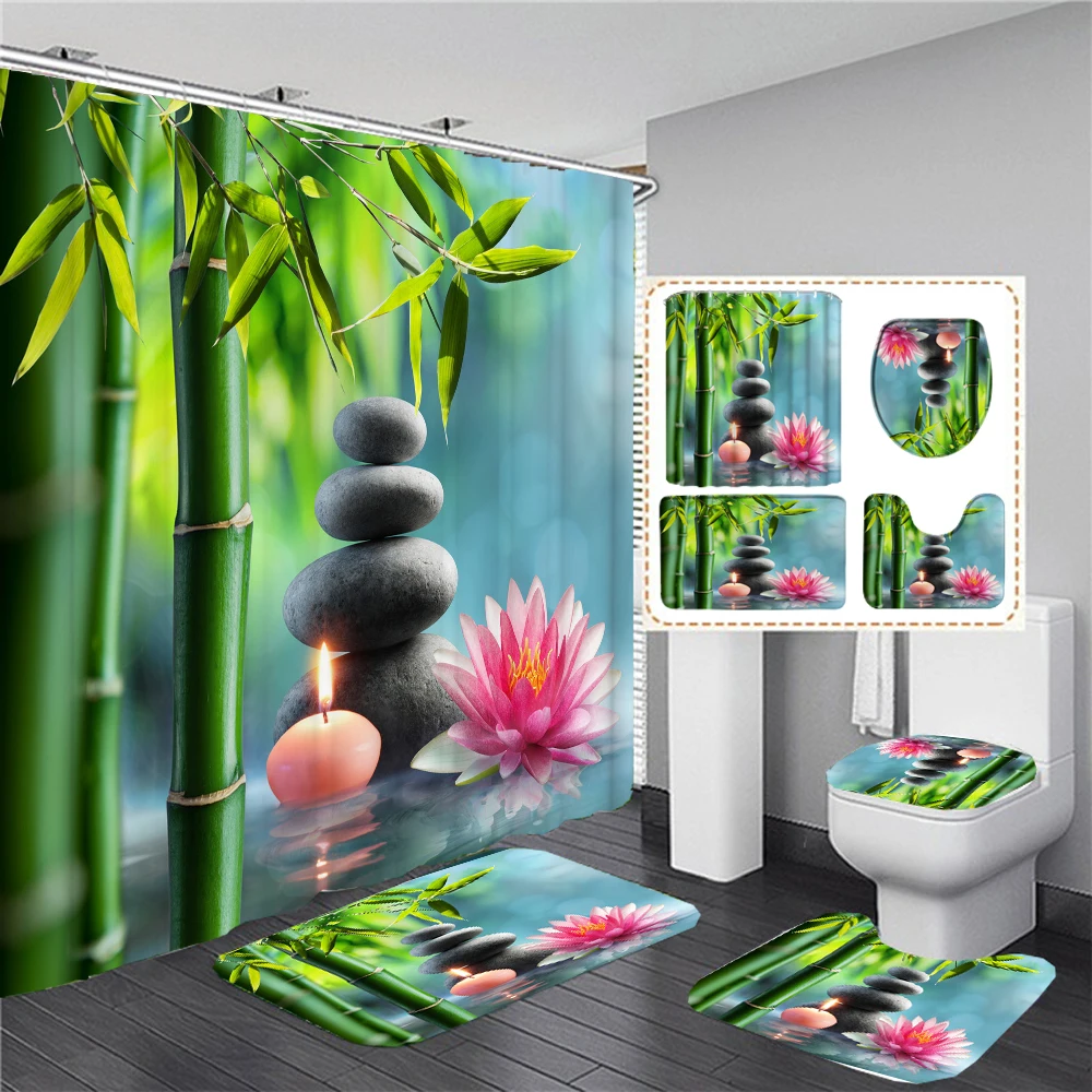 Full Set Bathroom Shower Curtain And Toilet Bath Mat Non-slip Rug Carpet Green Bamboo Bathroom Curtain For Bath Decoration