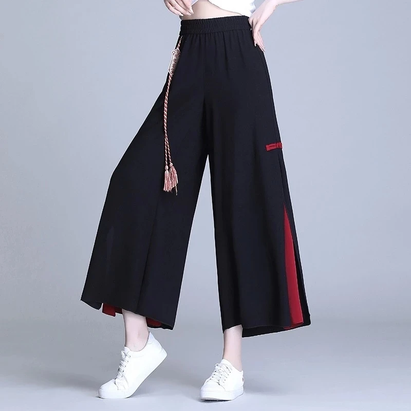 Chinese Style Women Embroidery Chiffon Pants Chic Kung Fu Pants Hippie Harajuku  Aesthetic Baggy Wide Leg Trousers  Kimono Pants