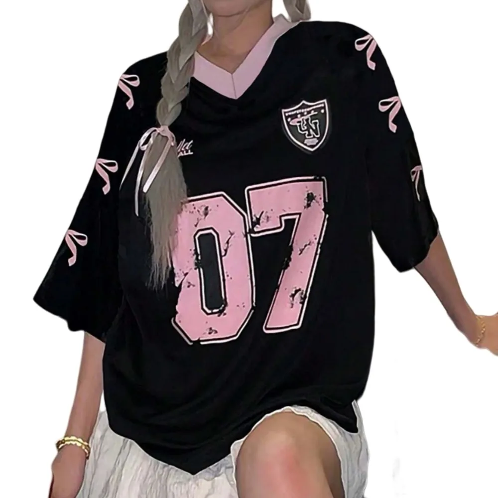 

V-neck Sports Tennis T-shirts Teenagers Adolescent Large Size Female Crop Tops Loose Number Print Bow Letter Shirt Travel