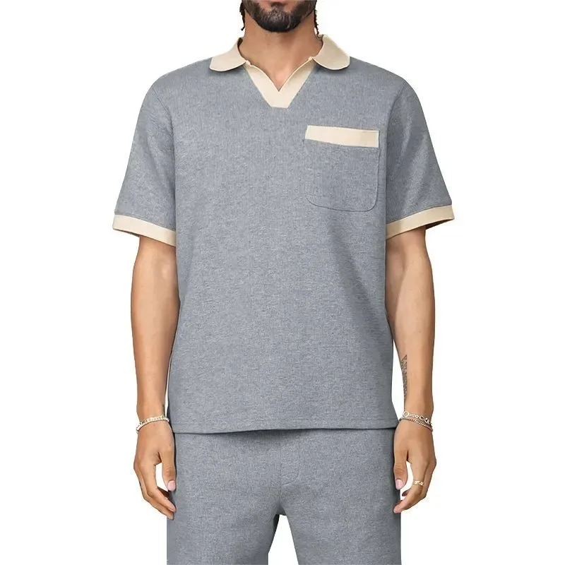 Men's Gray Contrast Trim Polo Shirt + Shorts Two-Piece Casual Set