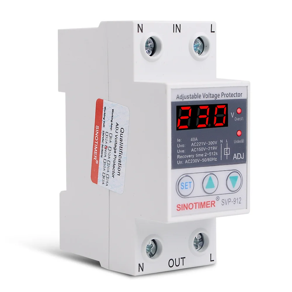 SVP-912 40A 63A 80A 220V Dispositivo de Protección Ajustable contra Sobretensión y Baja Tensión con Reconexión Automática, Protector de Relé para Instalación en Carril DIN