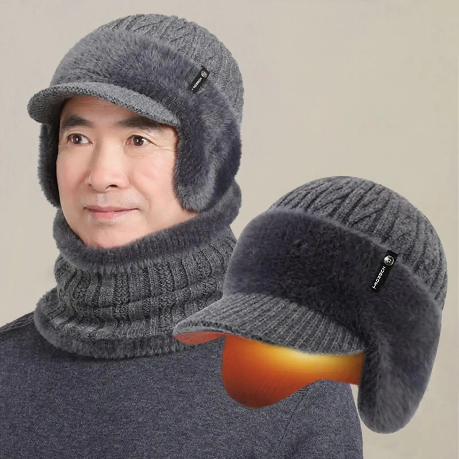 Gebreide muts Rekbare thermische wintermuts met rand Oorklep Sjaal Ademende gebreide muts Voor dagelijks woon-werkverkeer Skiën Binnen Buiten