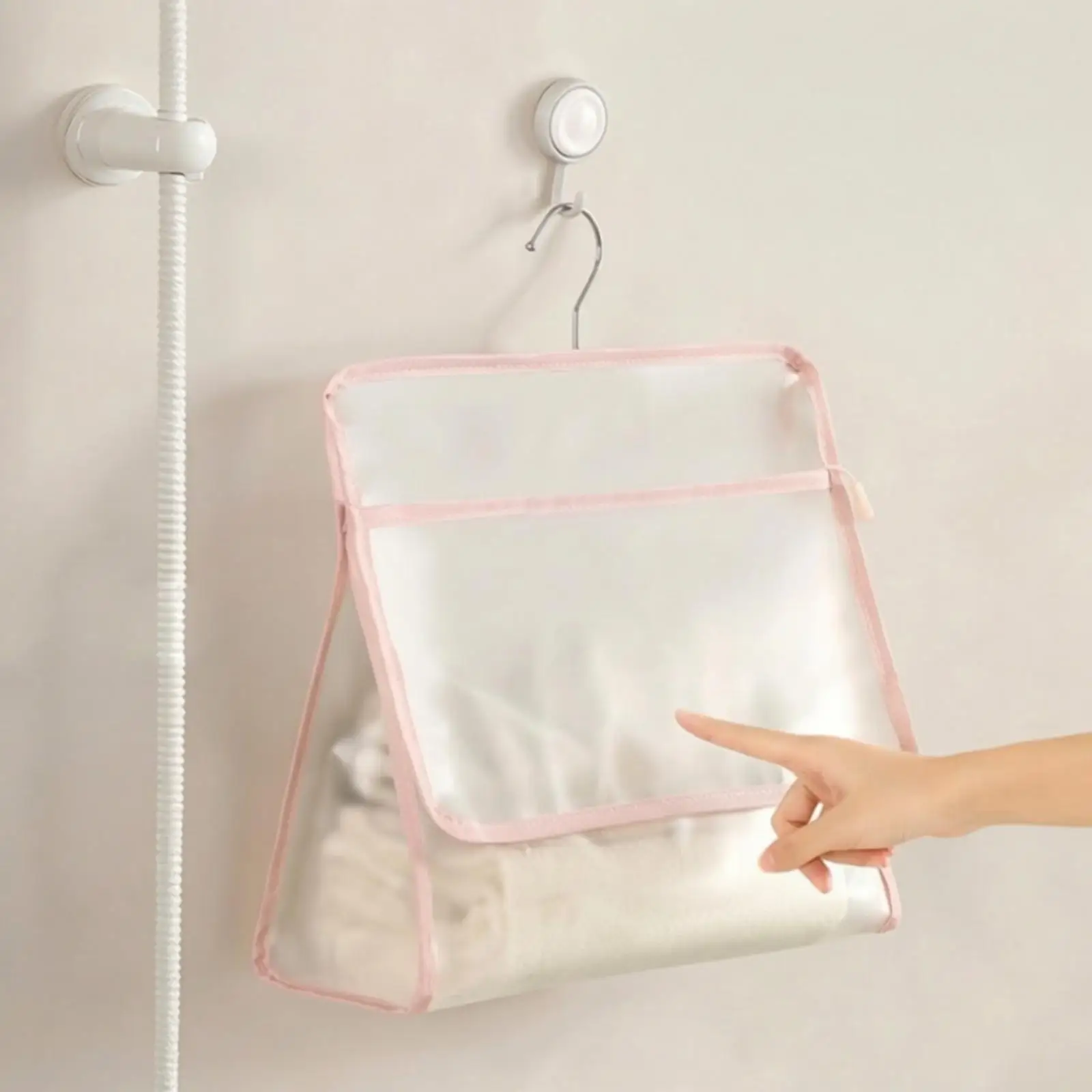 Hanging Washroom Storage Bag Transparent Waterproof Pouch with Pink Trim Shower Caddy for Bathroom Shower Accessories