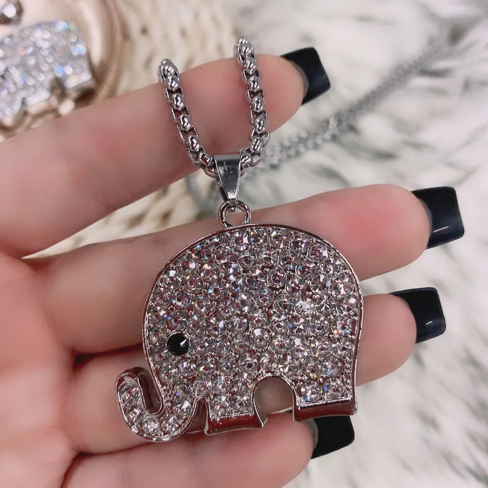 

S3506 Fashion Jewelry Rhinestone Elephant Pendant Necklace For Men Women Long Sweater Necklace