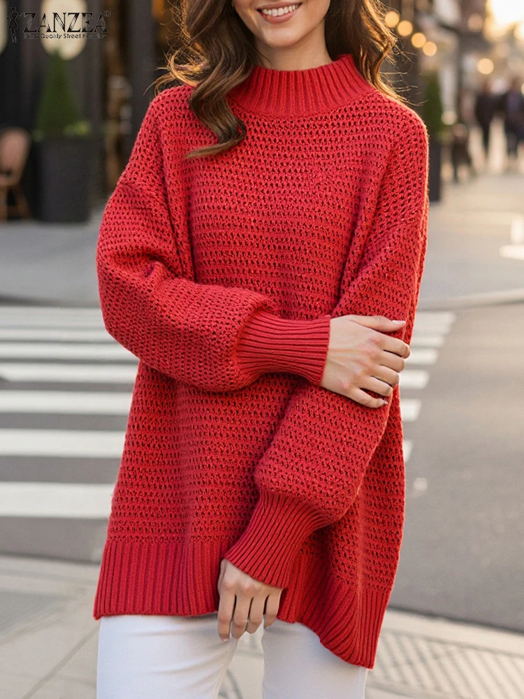 2025 ZANZEA 스타일리시 여성 가을 긴 랜턴 소매 니트 스웨터 두꺼운 풀오버 겨울 터틀넥 스웨터 오버사이즈 점퍼
