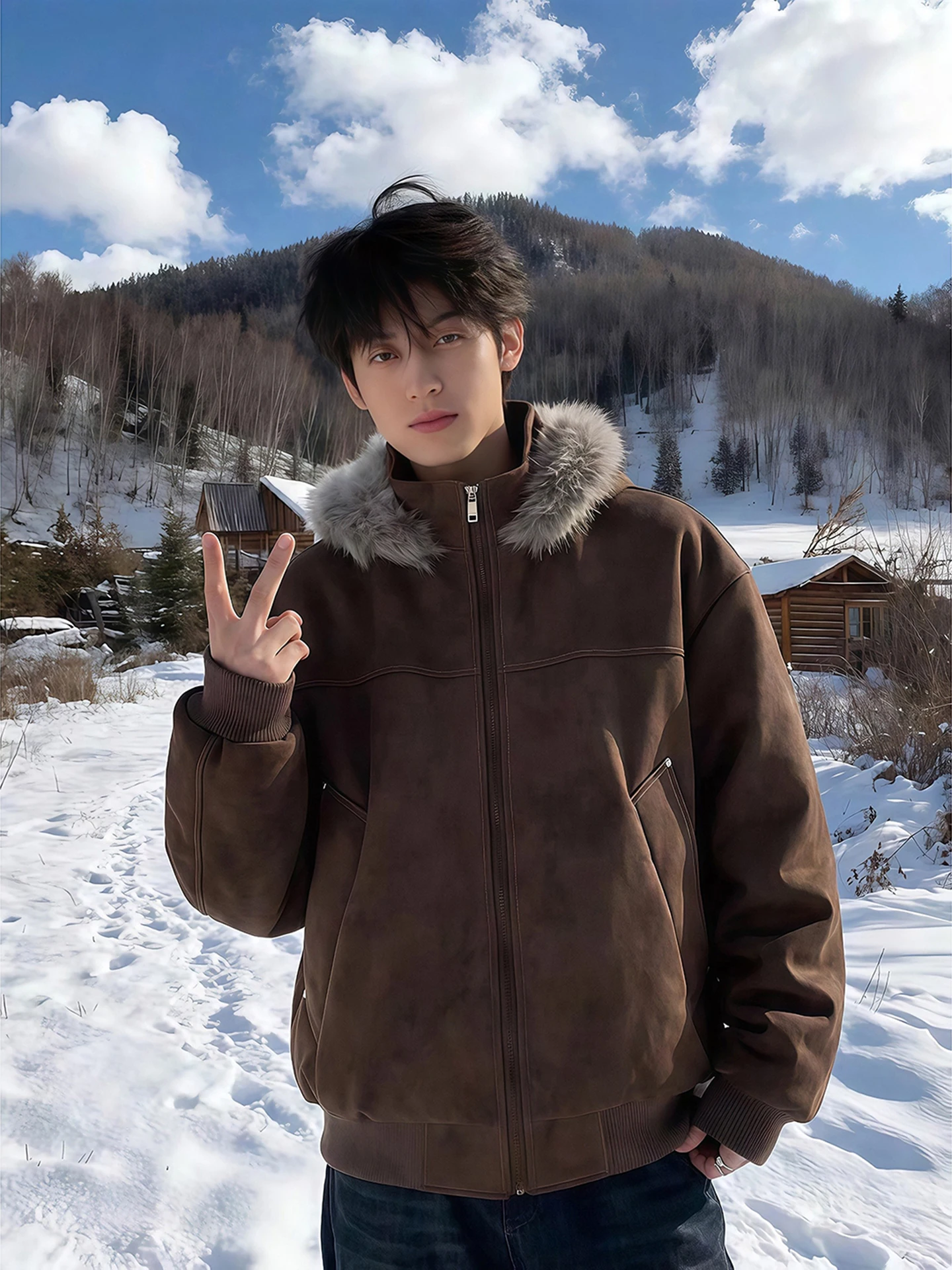 

Men's Winter Thiened PU Leather Dyeing Jaet Cleanfit Fur Collar Cotton Workwear Casual Loose Sle Polyester