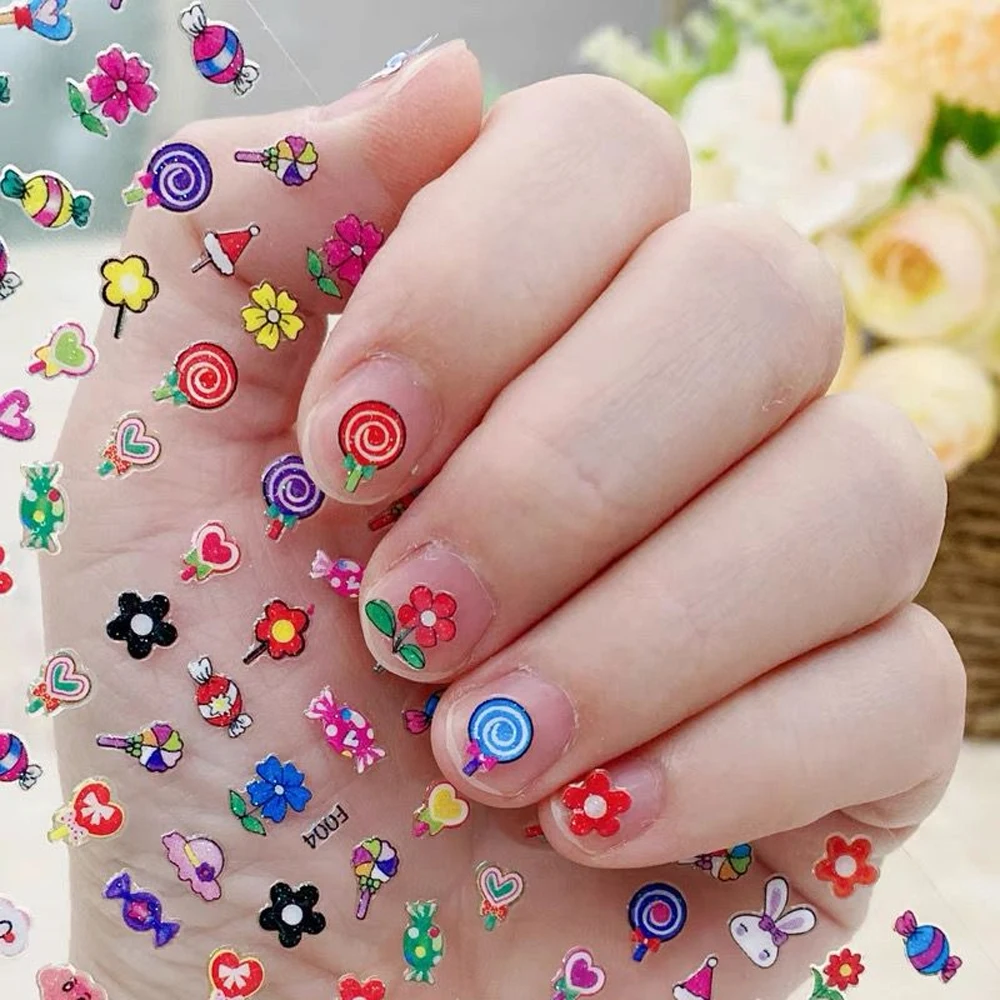 30sheets Cute Floret Self Adhesive Nail Stickers Jelly Colorful Bow, Flowers Clover Nail Art Slider DIY Child Kawaii Nail Decor