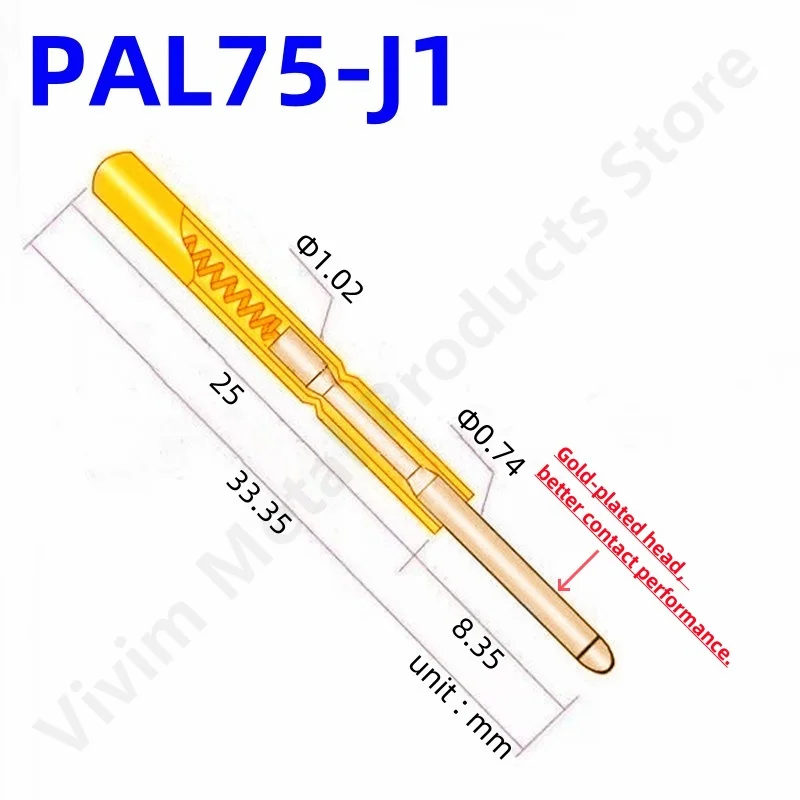 100PCS PAL75-J1 Spring Test Probe Test Pin Pogo Pin PL75-J1 PL75-J ICT FCT PCB Test Tool 0.74/1.02/33.35mm Gold Needle Round Tip