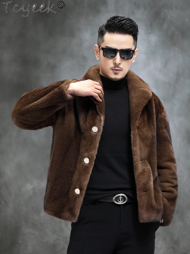 Tcyeek 2023 Winter Warm Mink Fur Jacket Coffee Mens Fur Coat Real Short Loose Natural Whole Mink Fur Coats Casaco De Pele Luxo