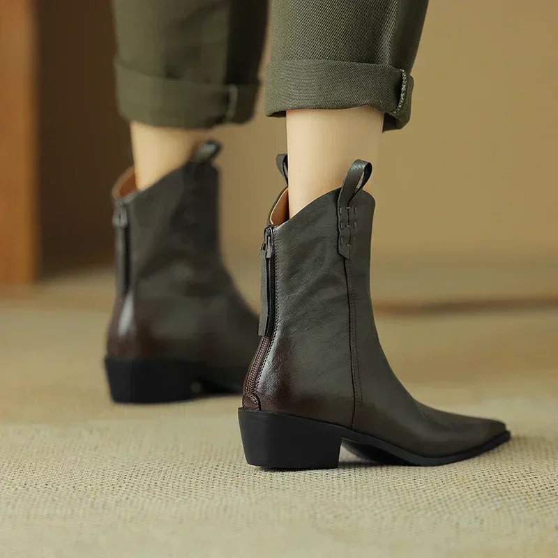 2024 Autumn/winter Women Boots Genuine Leather Western Boots Women Shoes Pointed Toe Chunky Heel Chelsea Boots Retro Ankle Boots