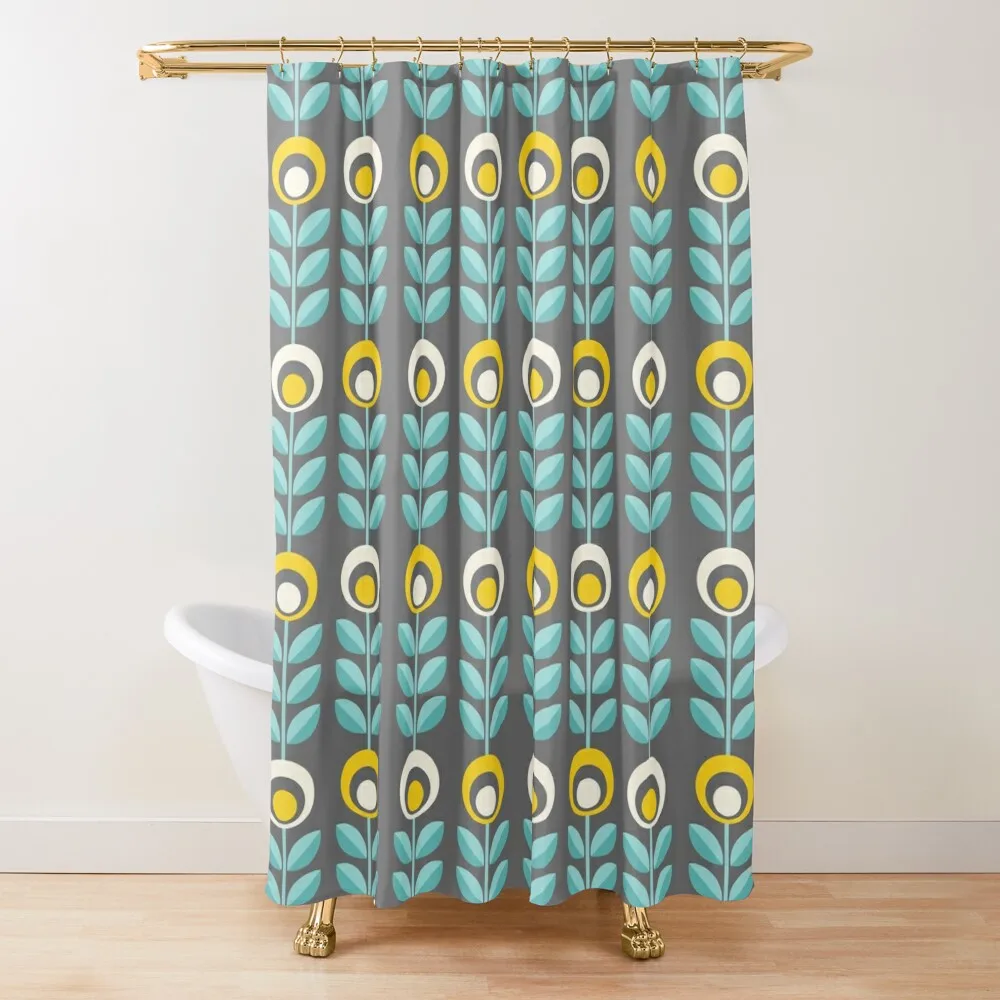

Scandinavian flowers 08, yellow-gray-teal, retro pattern Shower Curtain Elegant Bathroom Cute Shower Curtain