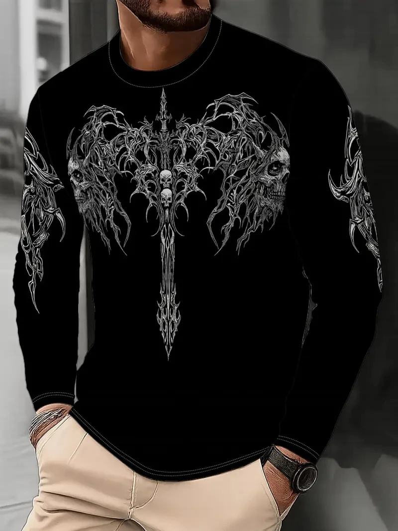 Herren Halloween Geflügelter Schädel Ritter Print Langarm T-Shirt Atmungsaktives Casual Langarm-Oberteil für den Alltag und Outdoor-Aktivitäten, Familienoutfit – Detail 6