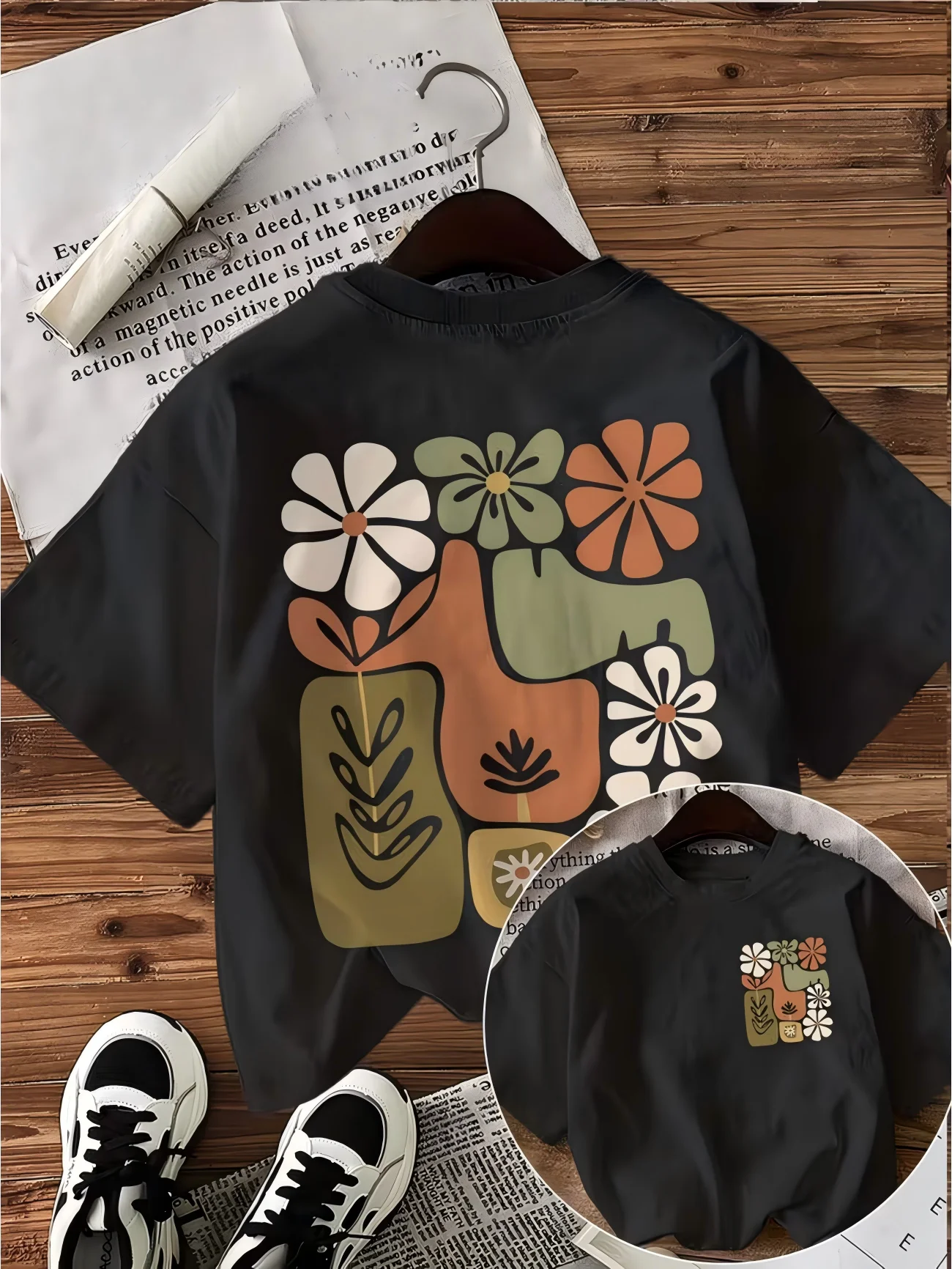 Retro 70s Aesthetic Abstract Floral T-Shirt Vintage Botanical Graphic Tee Summer Short Sleeve Harajuku Streetwear Fashion Top