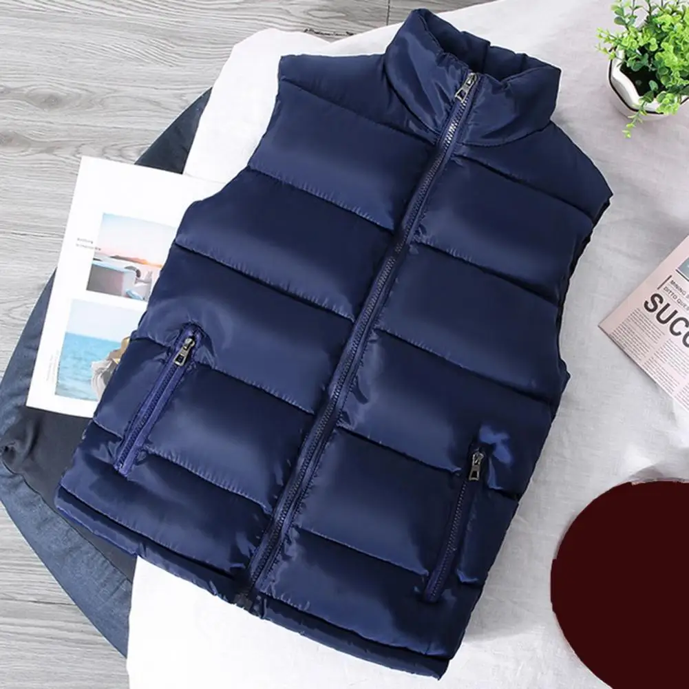 Zipper Design Down Alternative Vest Men's Stand Collar Sleeveless Down Vest with Zipper Closure Pockets Warm for Winter