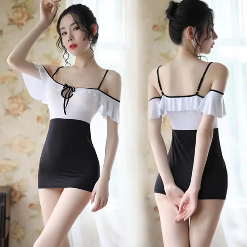 Sexy Lingerie Dress Women Suspenders Nightdress Lotus Leaf Strapless Hip Skirt Temptation Nightclub Erotic Pajamas Clothing Suit