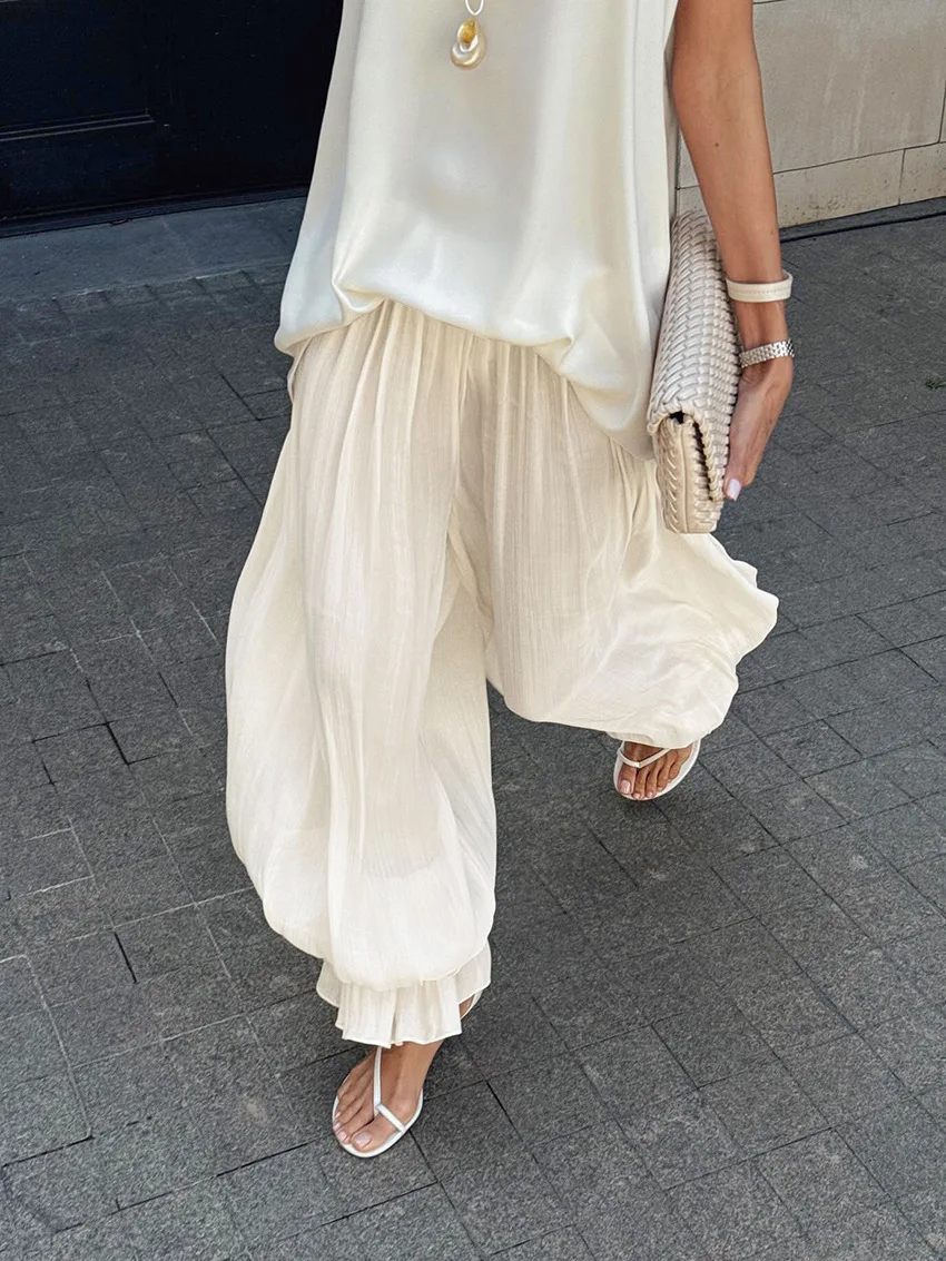 

Elegant Solid Color Trousers Loose Fashionable Casual Bloomers Autumn Winter Street Style Elastic Waist Bubble Leggings Clothes