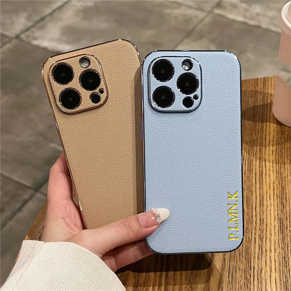 For iPhone 11 12 13 14 15 16 Pro Max Case Leather Plating Personalised Customized Name Initials Leather Cover 16 15 14 Pro Max