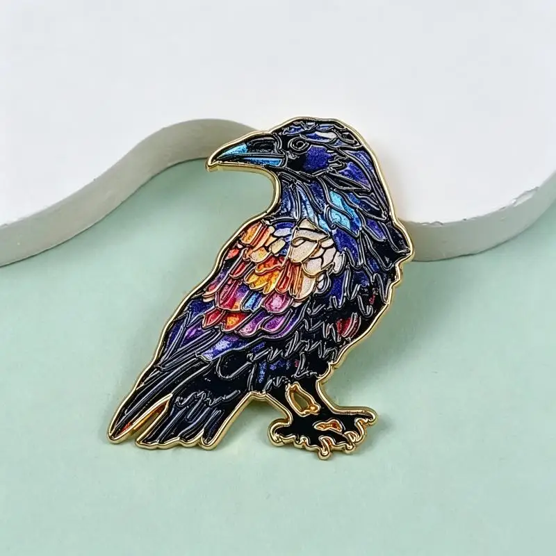Hot Colorful Enamel Raven Brooch Stained Glass Inspired Design Sturdy Alloy Base For Jackets Backpacks Gothic Jewelry Lovers