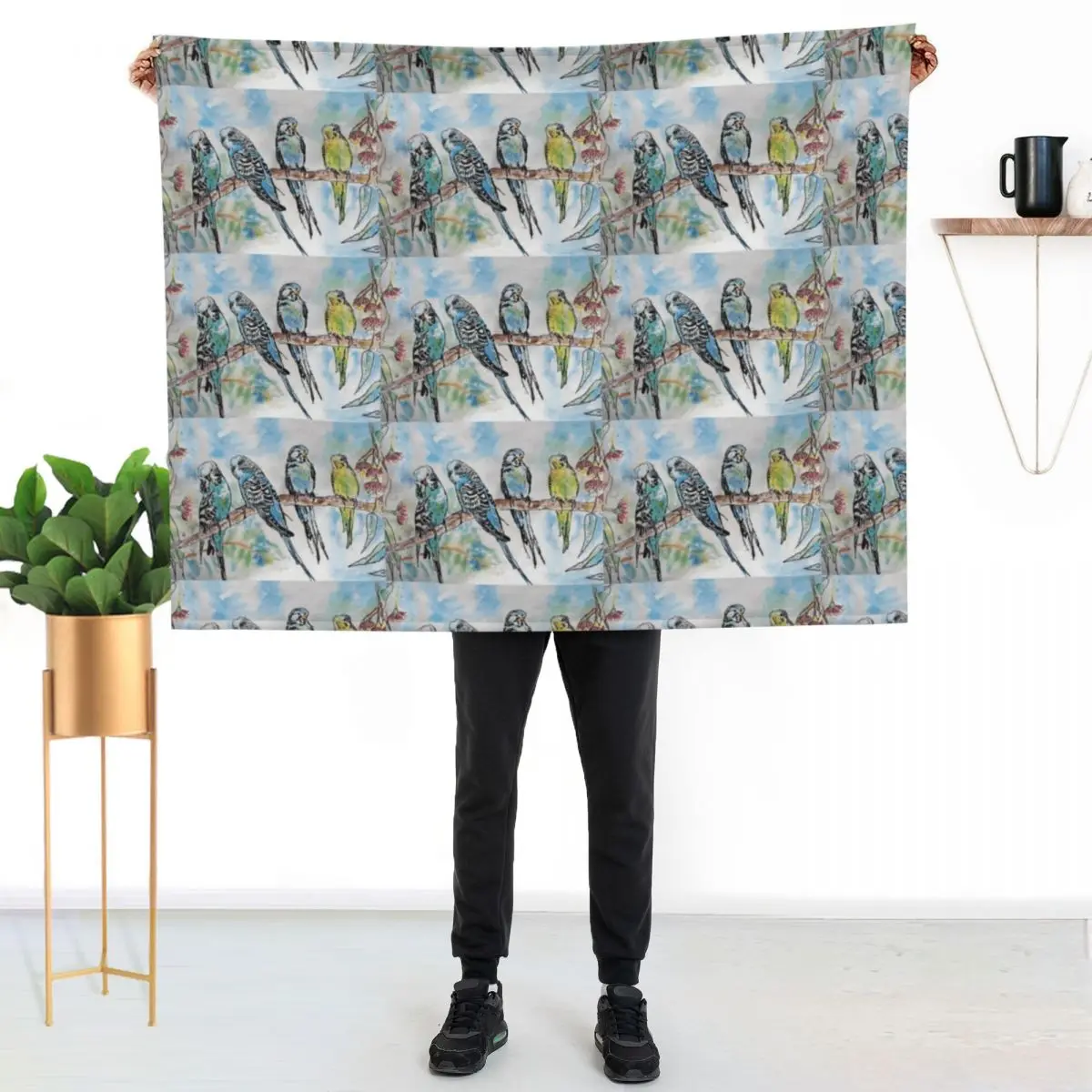 Colourful Budgies Budgerigars Sitting on A Branch Watercolor Painting Throw Blanket valentine gift ideas Winter beds Blankets