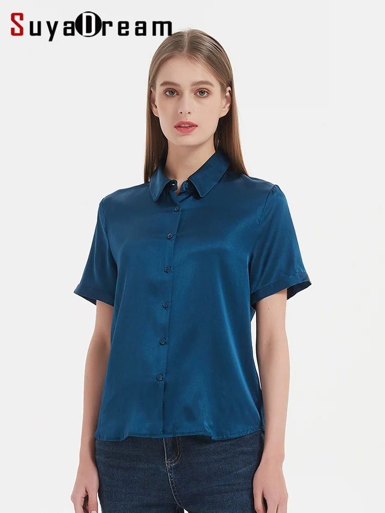 

SuyaDream, Woman Solid Shirts, 95%Silk 5%Spandex, Short Sleeved, White Chic Blouses, 2024 Spring Summer Top, Navy, Black