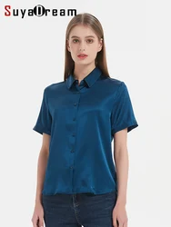 SuyaDream, Woman Solid Shirts, 95%Silk 5%Spandex, Short Sleeved, White Chic Blouses, 2025 Spring Summer Top, Navy, Black