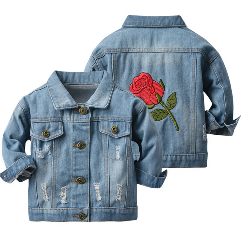 Toddler Girl Fall Denim Jacket Back Rose Embroidery Long Sleeve Lapel Button Down Ripped Coat