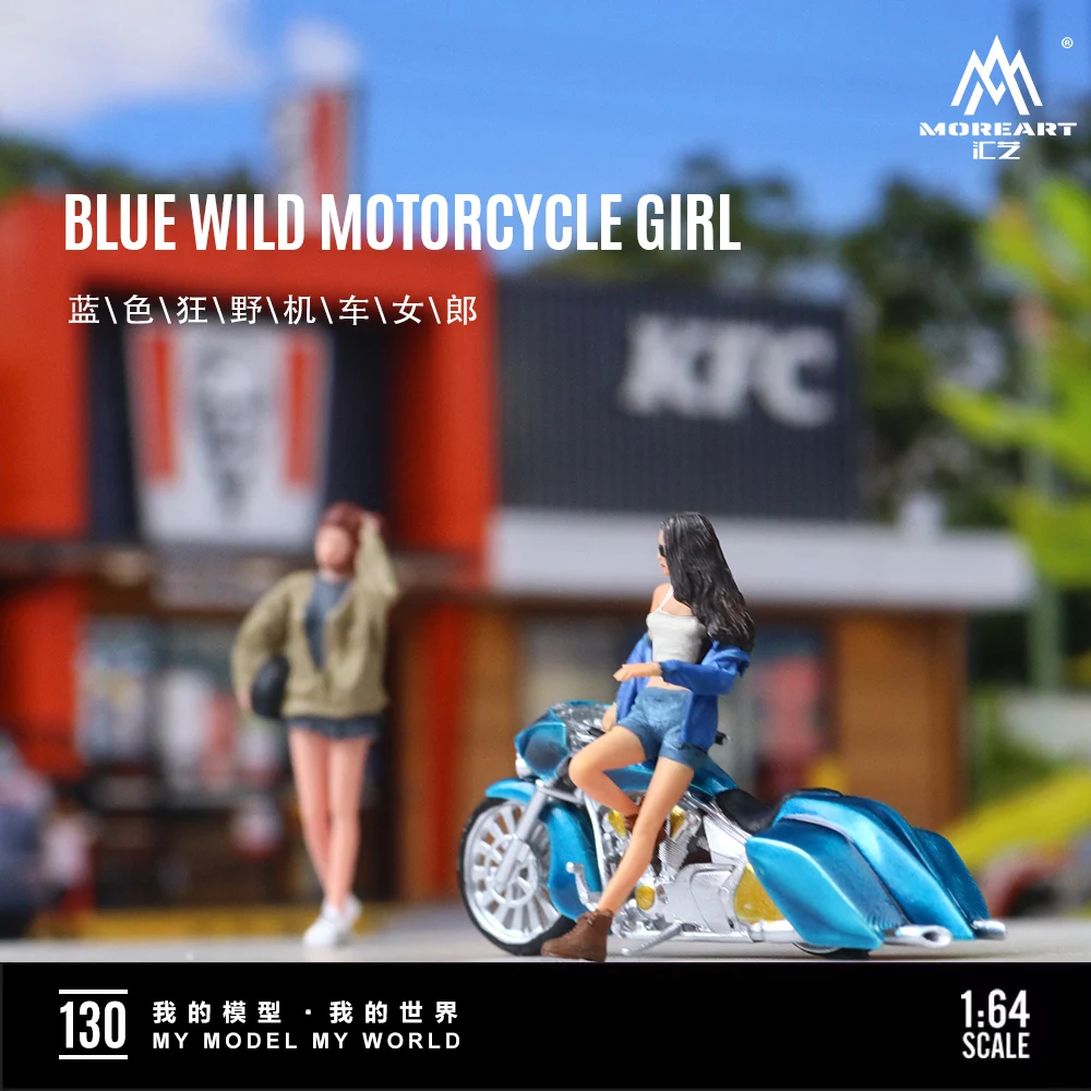 MoreArt  mini 1/64 Blue Wild Motorcycle pretty girl resin action figure set