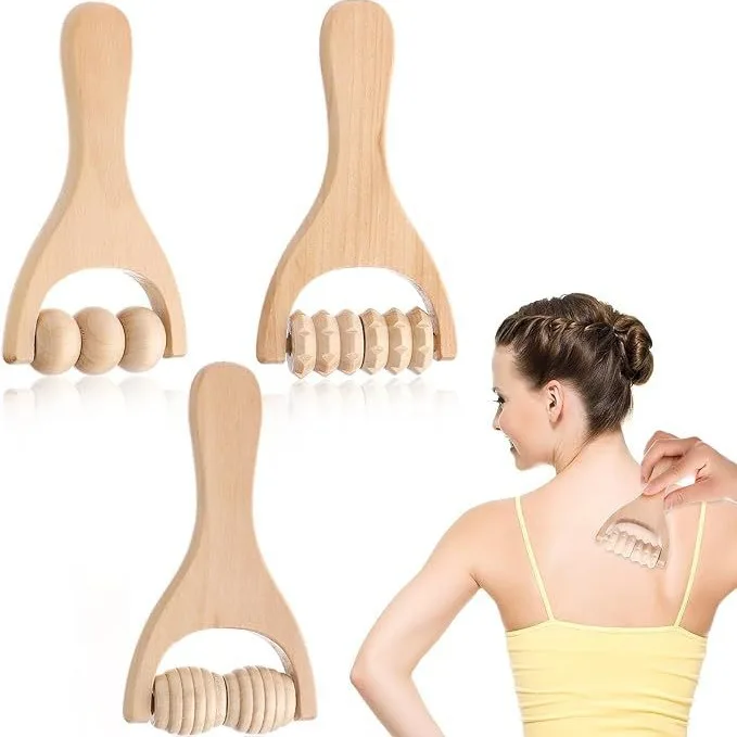 

3-Piece Wooden Hand Massage Roller Back Muscle Roller Bar Manual Wood Therapy Massage Tool Massage Roller