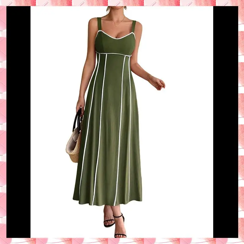 Abito lungo da donna a righe con cinturino per spaghetti ritagliato Abito lungo fluido