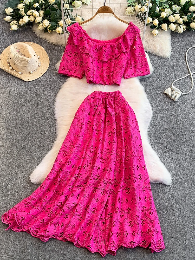 

Комплект из двух предметов в отпускном стиле, женский однотонный комплект с кружевом и рюшами в цветочном стиле, короткий стильный топ с высокой талией, милая полуюбка