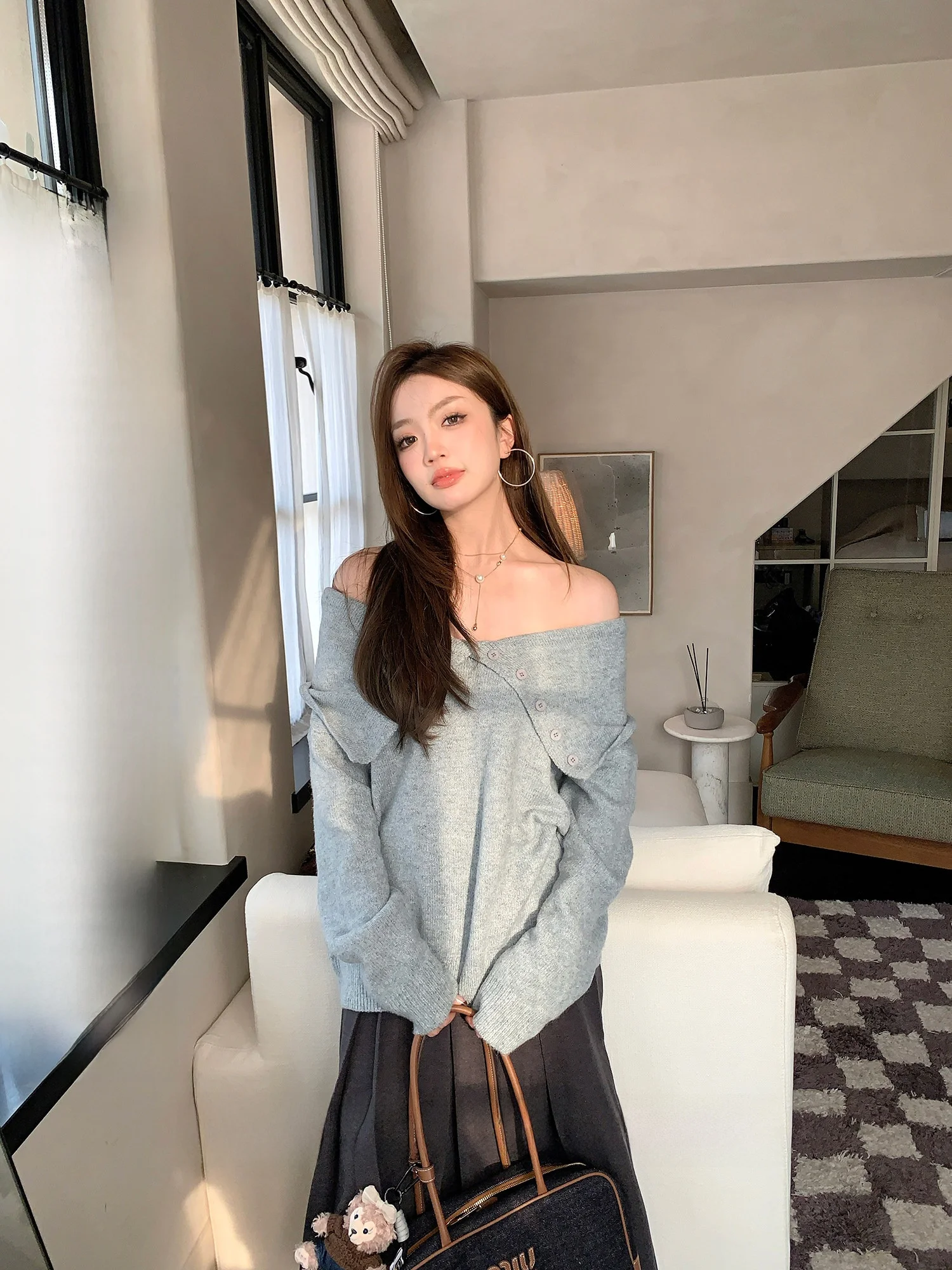 

Double Twin Rhythm oulder Bared Collar Sweater Women's Loose Lazy Knitted Long Sve Top for Autumn Winter Thiened Polye...