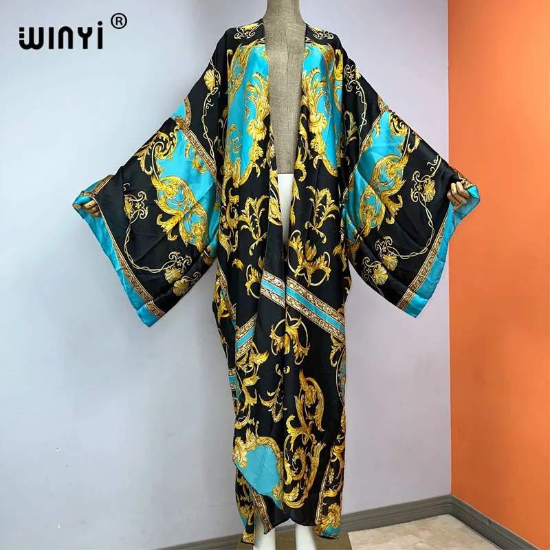 

WINYI summer Palace style printing Women Cardigan Loose Long Dress elegant Party Boho Maxi beach Holiday Cover Up Kimonos kaftan
