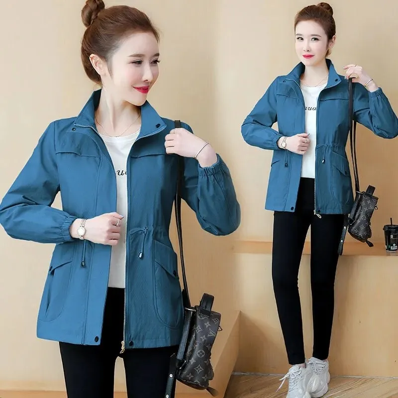 Short Coats Women's 2022 New Spring Autumn Jackets Slim Fit Tether Stand Collar Zipper Solid Splicing Casual Outwear Female Tops