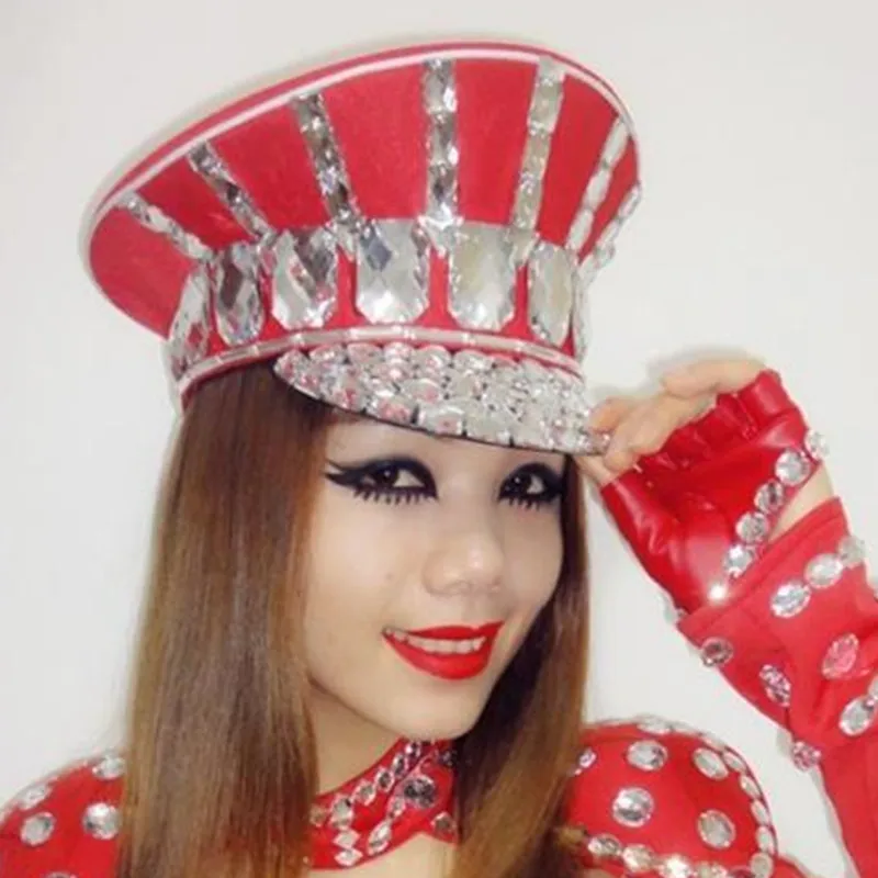 Kostium Ds Bling Baby Błyszcząca Czapka Diamentowa Cyrkonia Czarno-Białe Czapki Wojskowe Roupa Feminina Stroje Taneczne Strój Rave